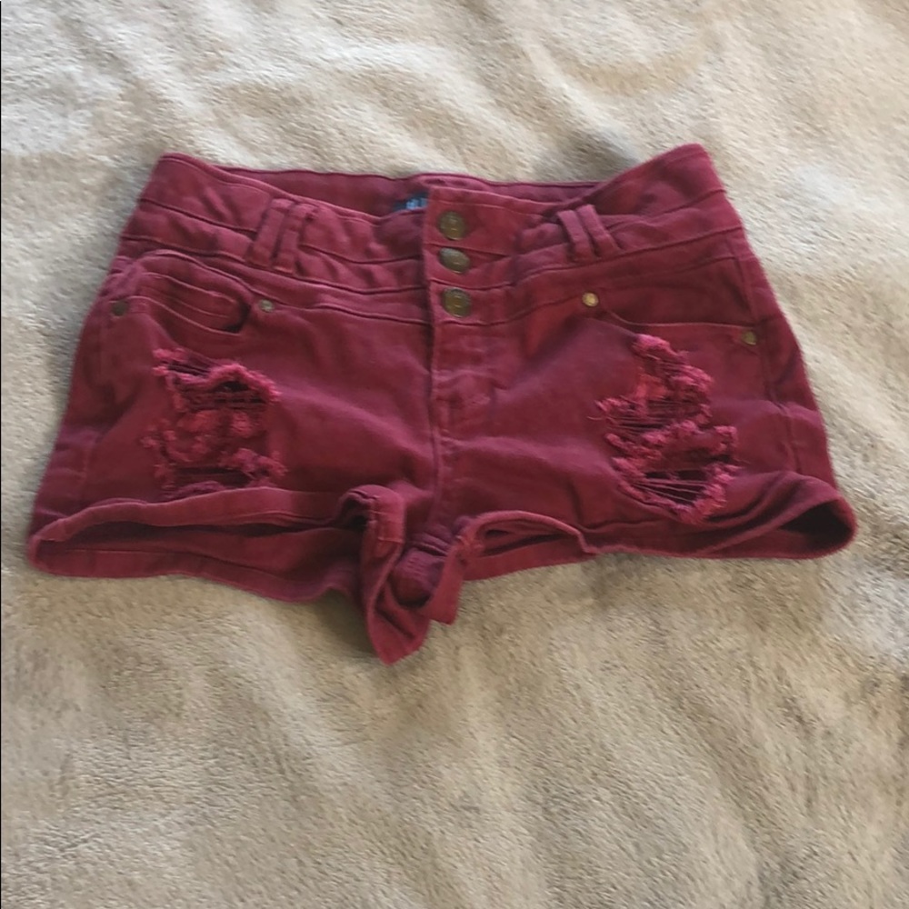 Burgundy ripped jean shorts